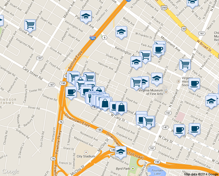 map of restaurants, bars, coffee shops, grocery stores, and more near 3401 Floyd Avenue in Richmond