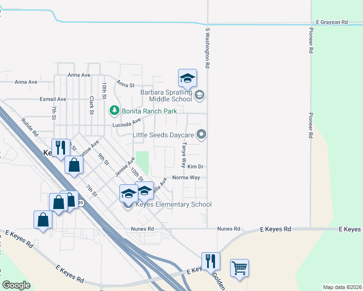 map of restaurants, bars, coffee shops, grocery stores, and more near 5509 Tanya Way in Keyes