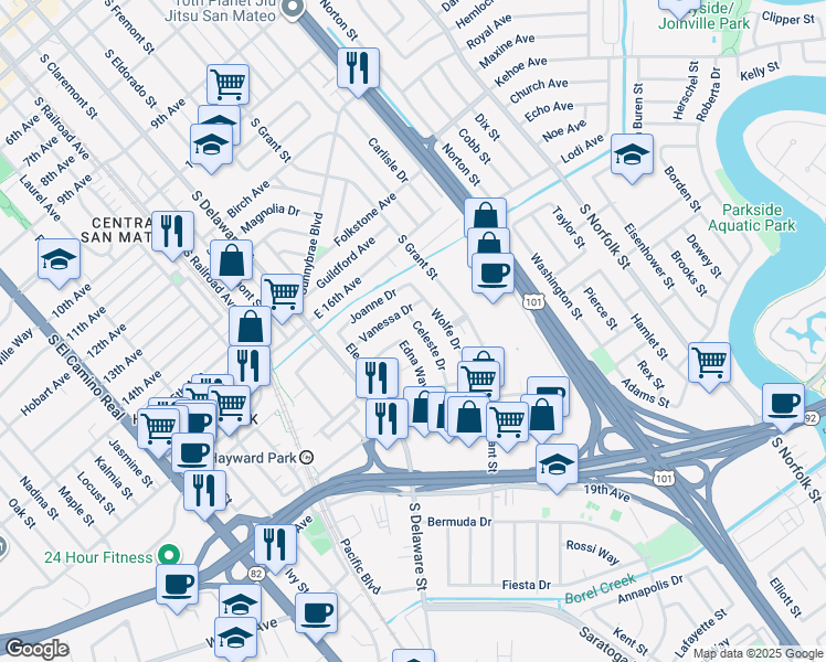map of restaurants, bars, coffee shops, grocery stores, and more near 1636 Celeste Drive in San Mateo