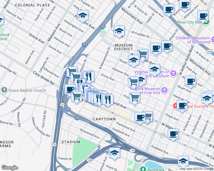 map of restaurants, bars, coffee shops, grocery stores, and more near 3401 Floyd Avenue in Richmond