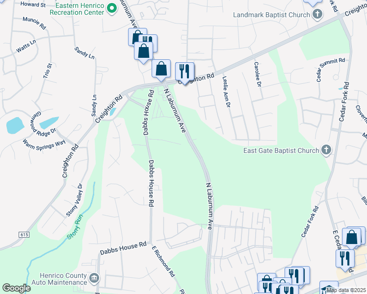 map of restaurants, bars, coffee shops, grocery stores, and more near 1004 Wilkes Lane in Richmond