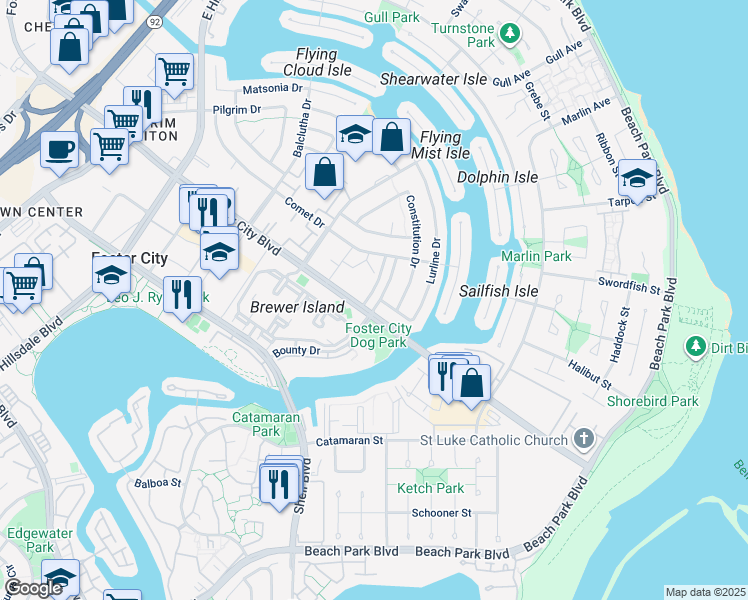 map of restaurants, bars, coffee shops, grocery stores, and more near 1103 Bounty Drive in Foster City