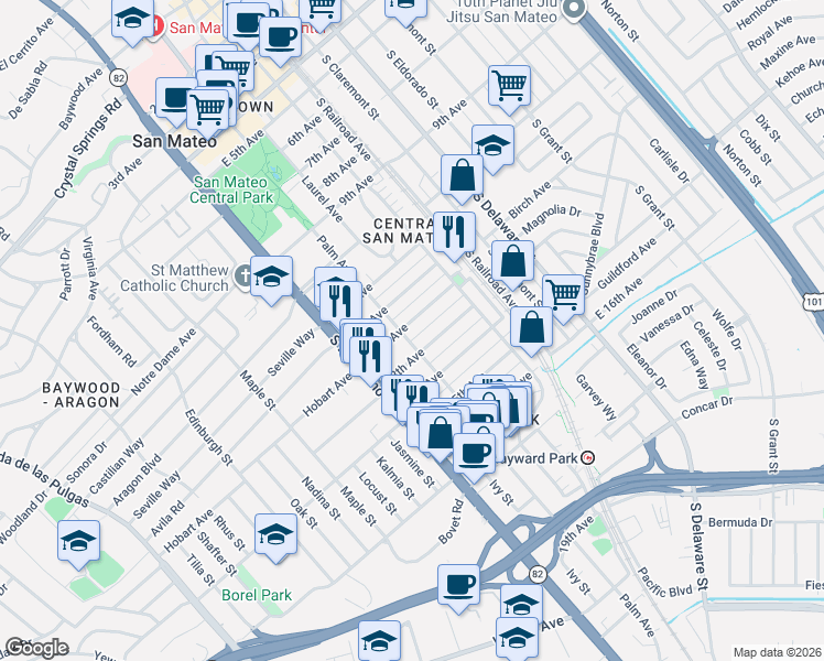 map of restaurants, bars, coffee shops, grocery stores, and more near 1205 Palm Avenue in San Mateo