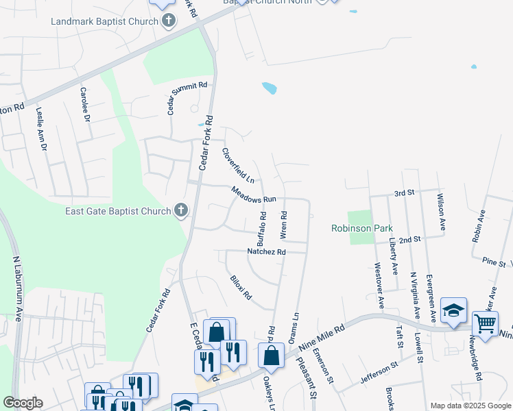 map of restaurants, bars, coffee shops, grocery stores, and more near 5209 Meadows Run in Richmond