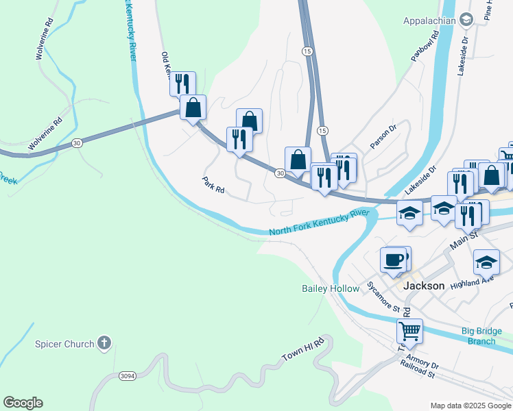 map of restaurants, bars, coffee shops, grocery stores, and more near 21 Slones Trail Park Road in Jackson
