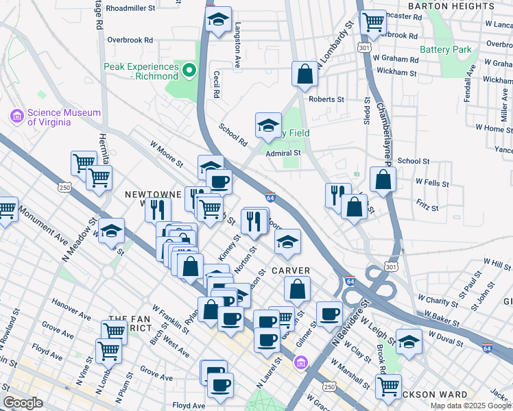 map of restaurants, bars, coffee shops, grocery stores, and more near 1258 West Moore Street in Richmond