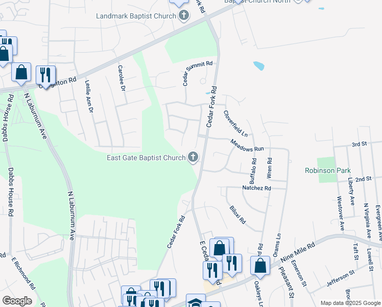 map of restaurants, bars, coffee shops, grocery stores, and more near 5101 Cedar Haven Road in Richmond