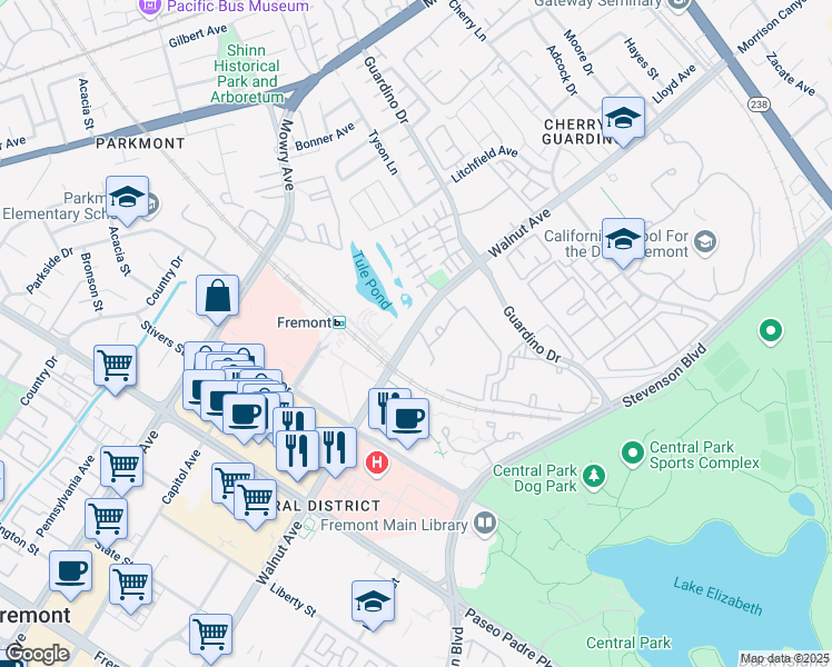 map of restaurants, bars, coffee shops, grocery stores, and more near 1999 Walnut Avenue in Fremont