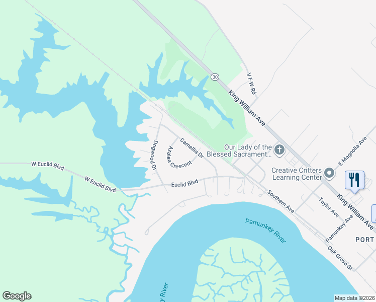 map of restaurants, bars, coffee shops, grocery stores, and more near 3950 Camellia Drive in West Point