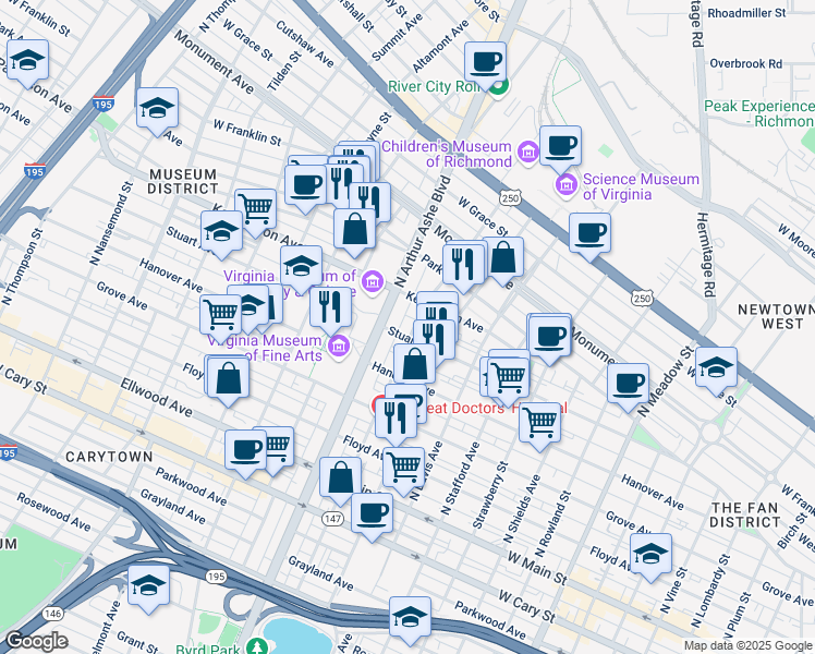 map of restaurants, bars, coffee shops, grocery stores, and more near 2700 Stuart Avenue in Richmond