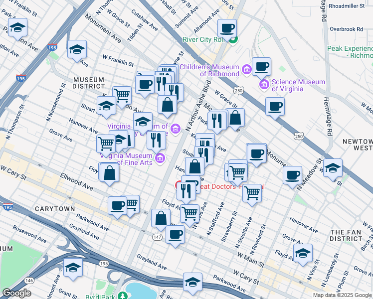 map of restaurants, bars, coffee shops, grocery stores, and more near 413 North Arthur Ashe Boulevard in Richmond