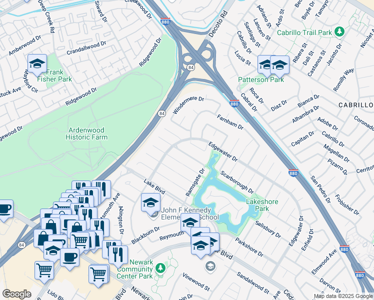 map of restaurants, bars, coffee shops, grocery stores, and more near 35229 Ramsgate Drive in Newark