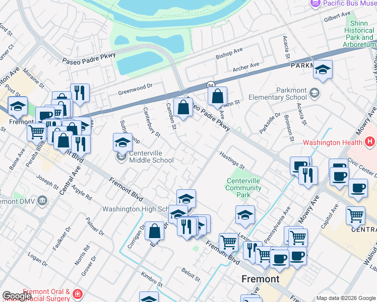 map of restaurants, bars, coffee shops, grocery stores, and more near 38011 Dover Common in Fremont