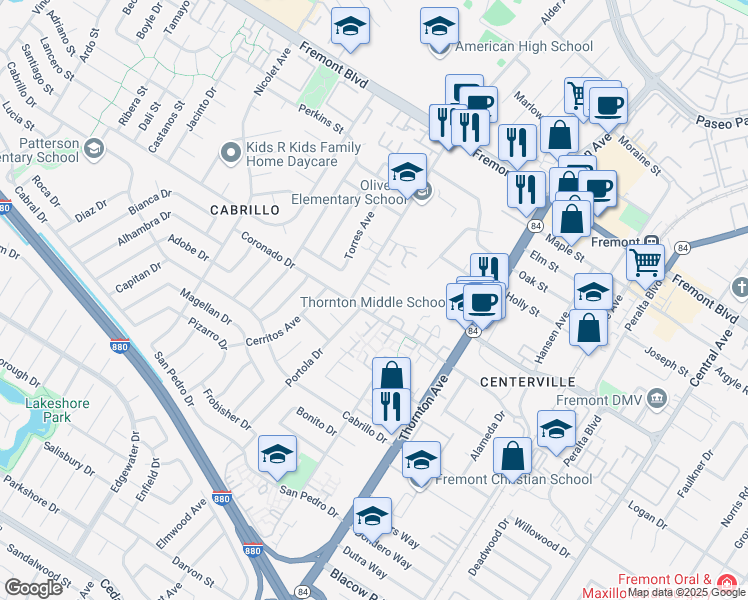 map of restaurants, bars, coffee shops, grocery stores, and more near 36537 Bosworth Court in Fremont