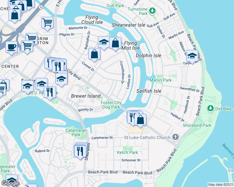 map of restaurants, bars, coffee shops, grocery stores, and more near 942 Constitution Drive in Foster City