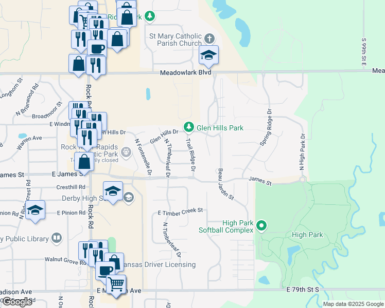 map of restaurants, bars, coffee shops, grocery stores, and more near Trailridge Drive in Derby