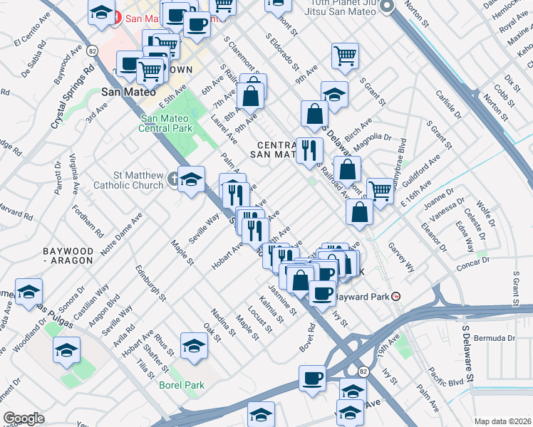 map of restaurants, bars, coffee shops, grocery stores, and more near 1114 Palm Avenue in San Mateo