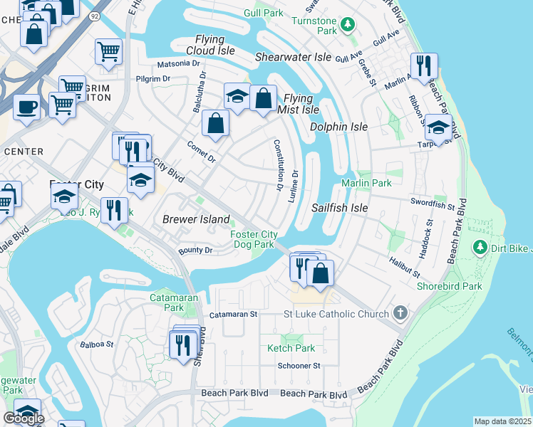 map of restaurants, bars, coffee shops, grocery stores, and more near 942 Constitution Drive in Foster City