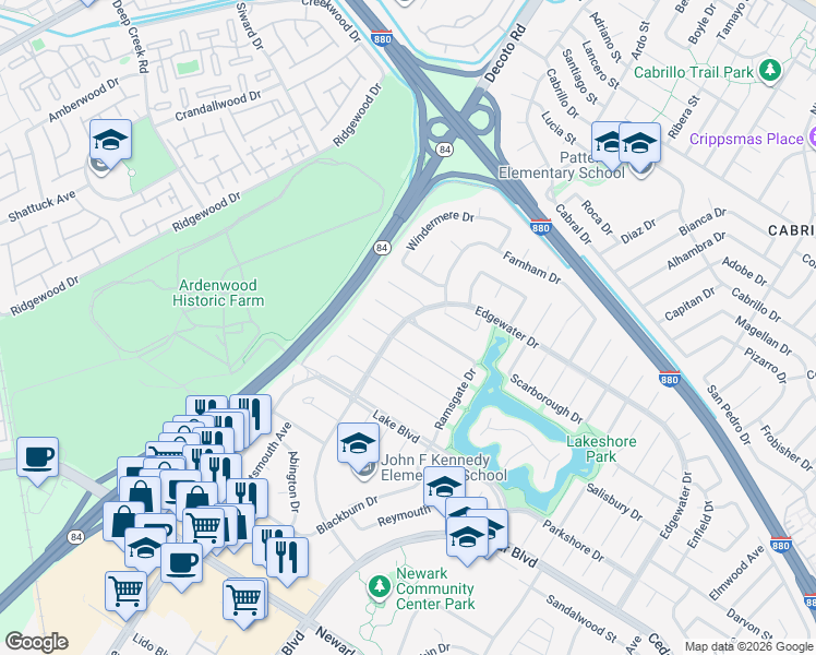 map of restaurants, bars, coffee shops, grocery stores, and more near 35229 Ramsgate Drive in Newark