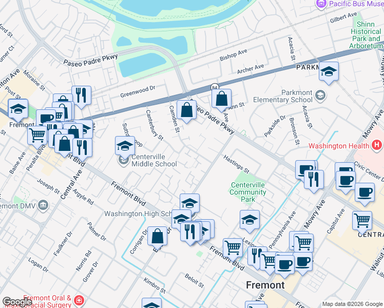 map of restaurants, bars, coffee shops, grocery stores, and more near 38011 Dover Common in Fremont