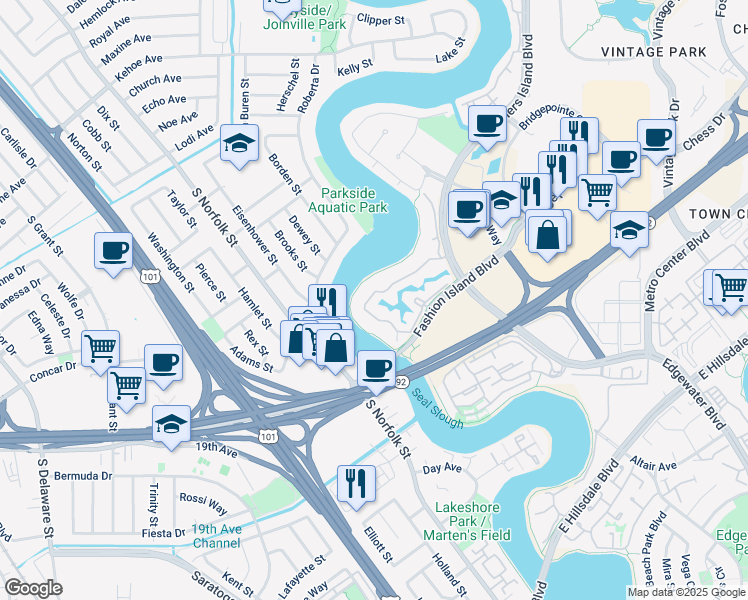 map of restaurants, bars, coffee shops, grocery stores, and more near 1107 Shoreline Drive in San Mateo