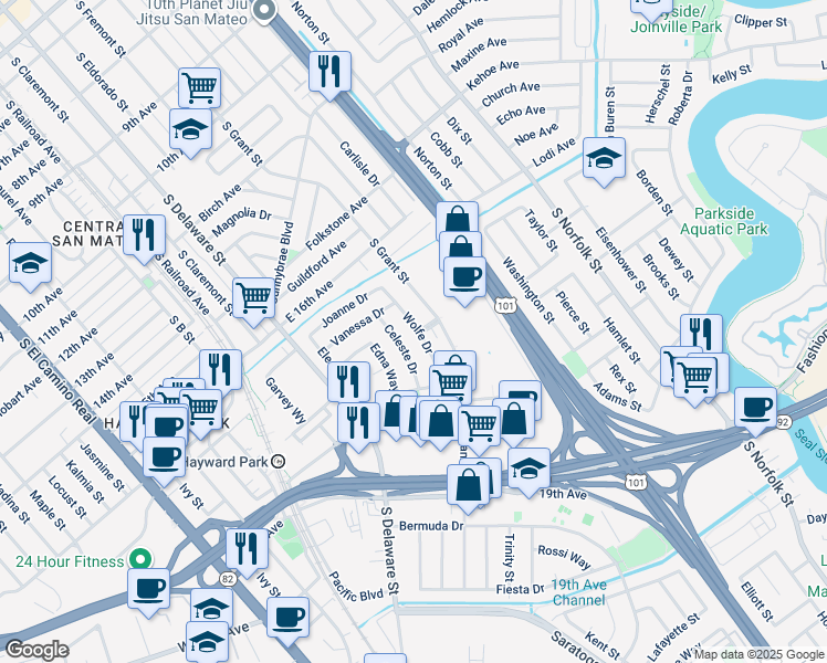 map of restaurants, bars, coffee shops, grocery stores, and more near 1704 Wolfe Drive in San Mateo