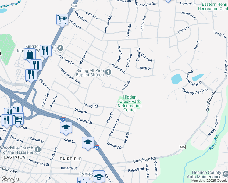 map of restaurants, bars, coffee shops, grocery stores, and more near 453 Hollybrook Ridge Lane in Richmond