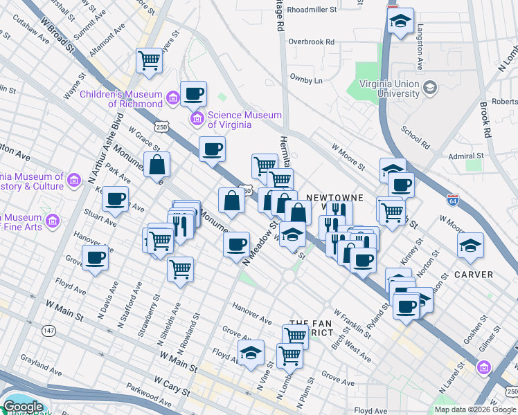 map of restaurants, bars, coffee shops, grocery stores, and more near 2015 West Broad Street in Richmond