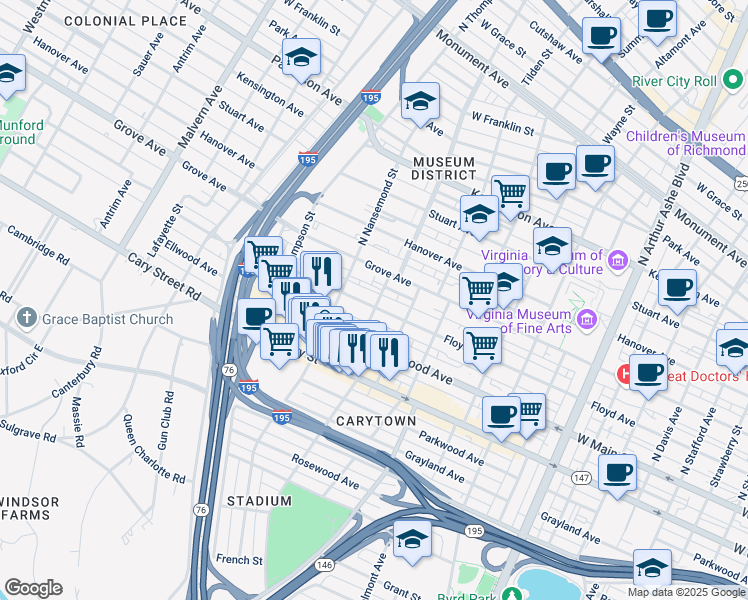 map of restaurants, bars, coffee shops, grocery stores, and more near 3401 Floyd Avenue in Richmond