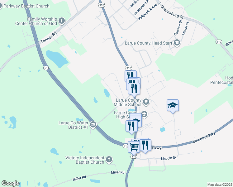 map of restaurants, bars, coffee shops, grocery stores, and more near 100-124 Wood Lane in Hodgenville