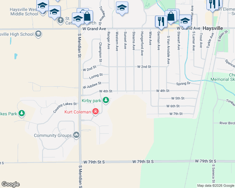 map of restaurants, bars, coffee shops, grocery stores, and more near 598 Western Avenue in Haysville