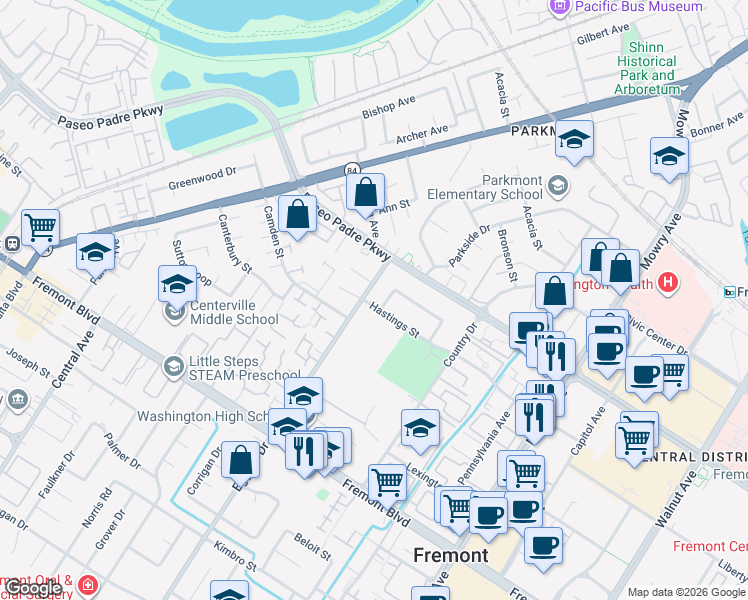 map of restaurants, bars, coffee shops, grocery stores, and more near 38206 Hastings Street in Fremont