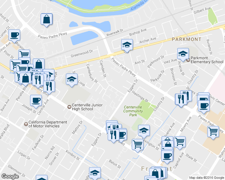 map of restaurants, bars, coffee shops, grocery stores, and more near 38012 Dover Common in Fremont