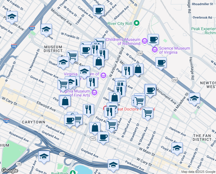 map of restaurants, bars, coffee shops, grocery stores, and more near 401 North Arthur Ashe Boulevard in Richmond