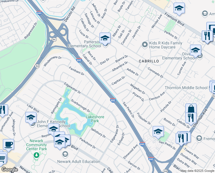 map of restaurants, bars, coffee shops, grocery stores, and more near 35881 Cabral Drive in Fremont