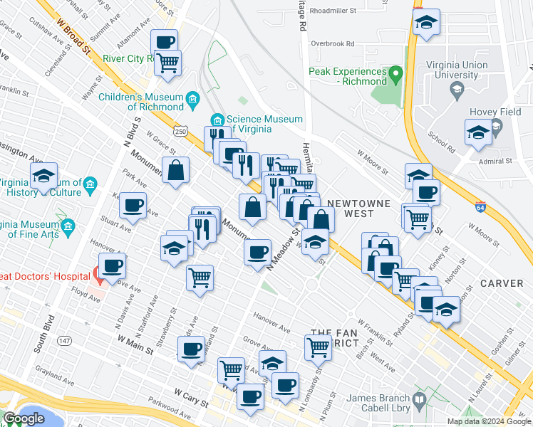 map of restaurants, bars, coffee shops, grocery stores, and more near 2042 West Grace Street in Richmond