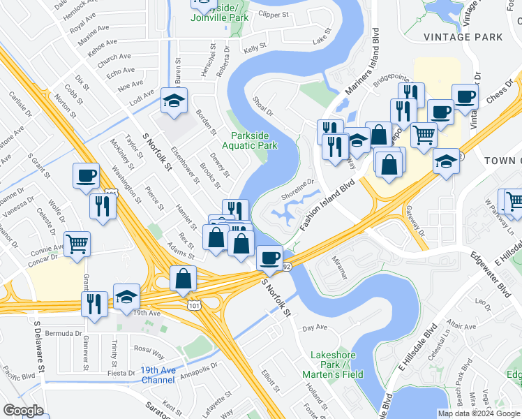 map of restaurants, bars, coffee shops, grocery stores, and more near 1094 Shoreline Drive in San Mateo
