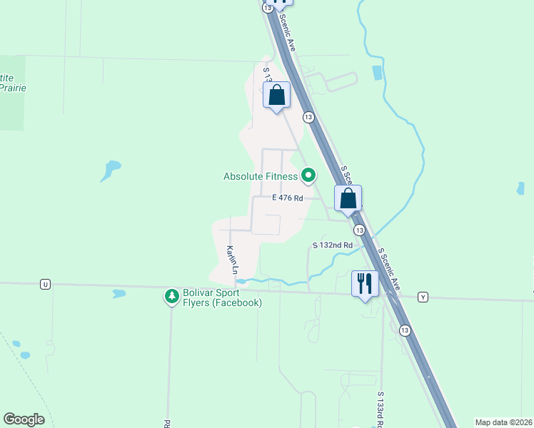 map of restaurants, bars, coffee shops, grocery stores, and more near 1306 East 477th Road in Bolivar