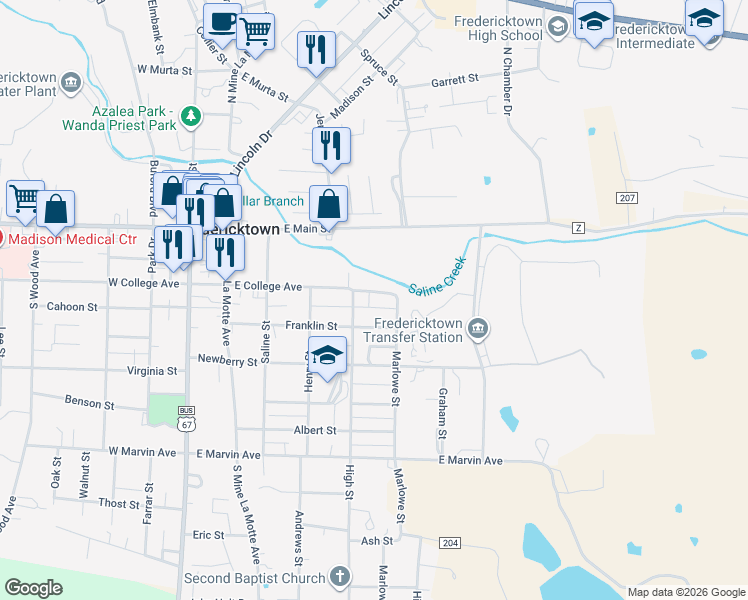 map of restaurants, bars, coffee shops, grocery stores, and more near 507 East College Avenue in Fredericktown