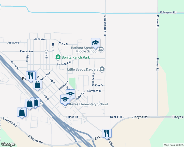 map of restaurants, bars, coffee shops, grocery stores, and more near 5509 Tanya Way in Keyes