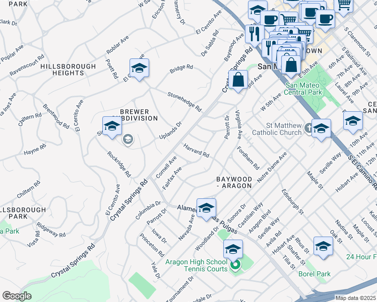 map of restaurants, bars, coffee shops, grocery stores, and more near 228 Harvard Road in San Mateo
