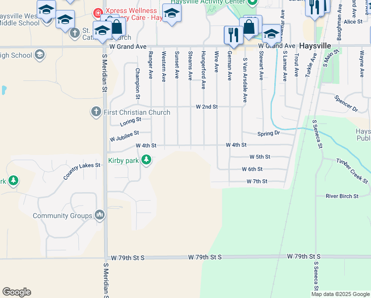 map of restaurants, bars, coffee shops, grocery stores, and more near 909 West 4th Street in Haysville