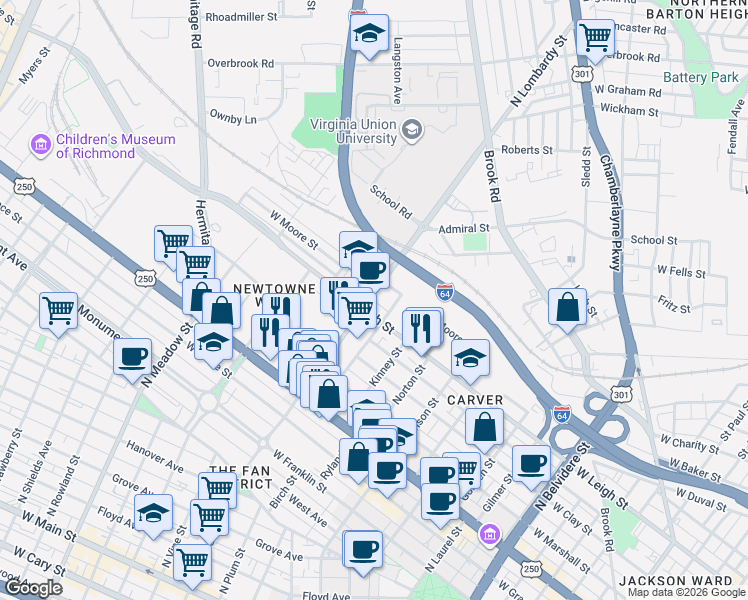 map of restaurants, bars, coffee shops, grocery stores, and more near 1011 North Lombardy Street in Richmond