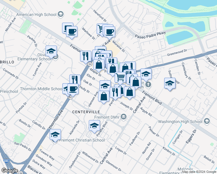 map of restaurants, bars, coffee shops, grocery stores, and more near 4137 Baine Avenue in Fremont
