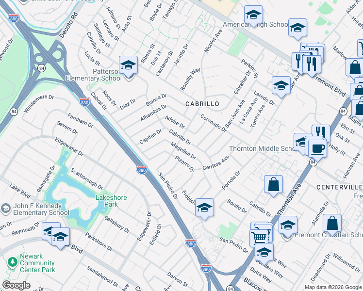map of restaurants, bars, coffee shops, grocery stores, and more near 36146 Magellan Drive in Fremont