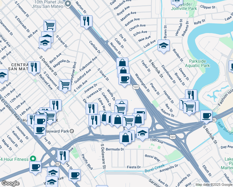 map of restaurants, bars, coffee shops, grocery stores, and more near 1704 Wolfe Drive in San Mateo