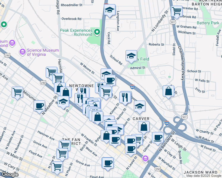 map of restaurants, bars, coffee shops, grocery stores, and more near 1011 North Lombardy Street in Richmond