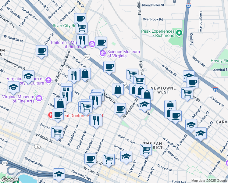 map of restaurants, bars, coffee shops, grocery stores, and more near 2218 Monument Avenue in Richmond