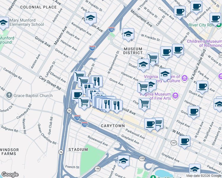 map of restaurants, bars, coffee shops, grocery stores, and more near 3401 Floyd Avenue in Richmond