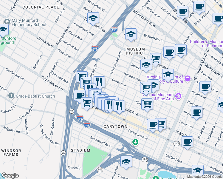 map of restaurants, bars, coffee shops, grocery stores, and more near 3401 Floyd Avenue in Richmond